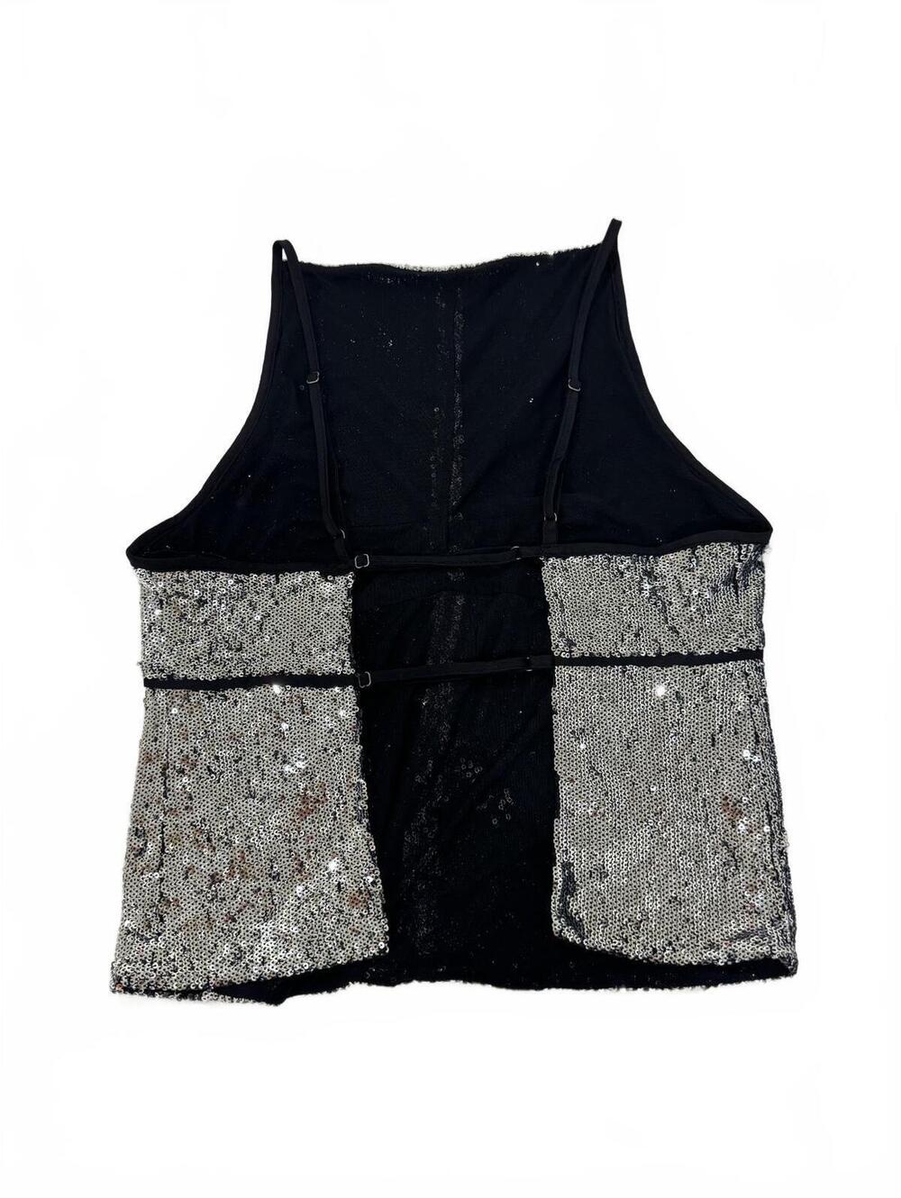 Free People Sequin High Neck Strappy Back Tank Top Silver Black Medium - Picture 4 of 9